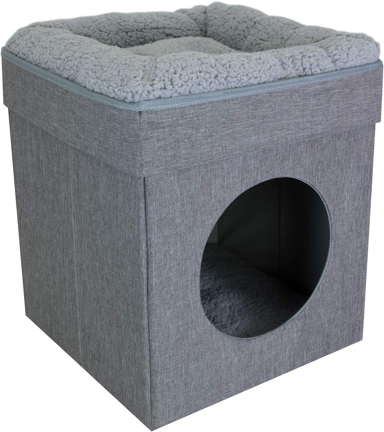 Indoor Cat Cube Furniture – Gray Cat Condo with Washable Cushion (16.5" x 16.5" x 19.25")