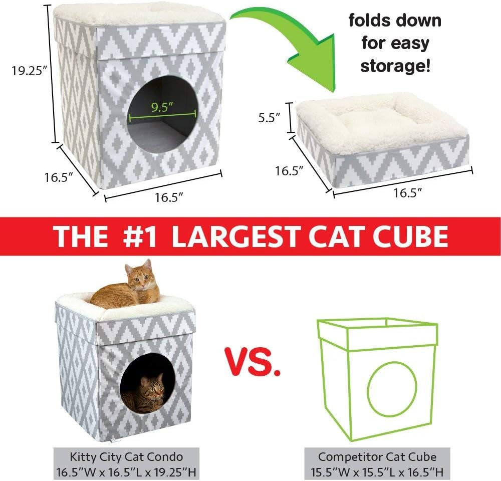 Foldable Indoor Cat Cube House with Cushion & Fleece Mat – White