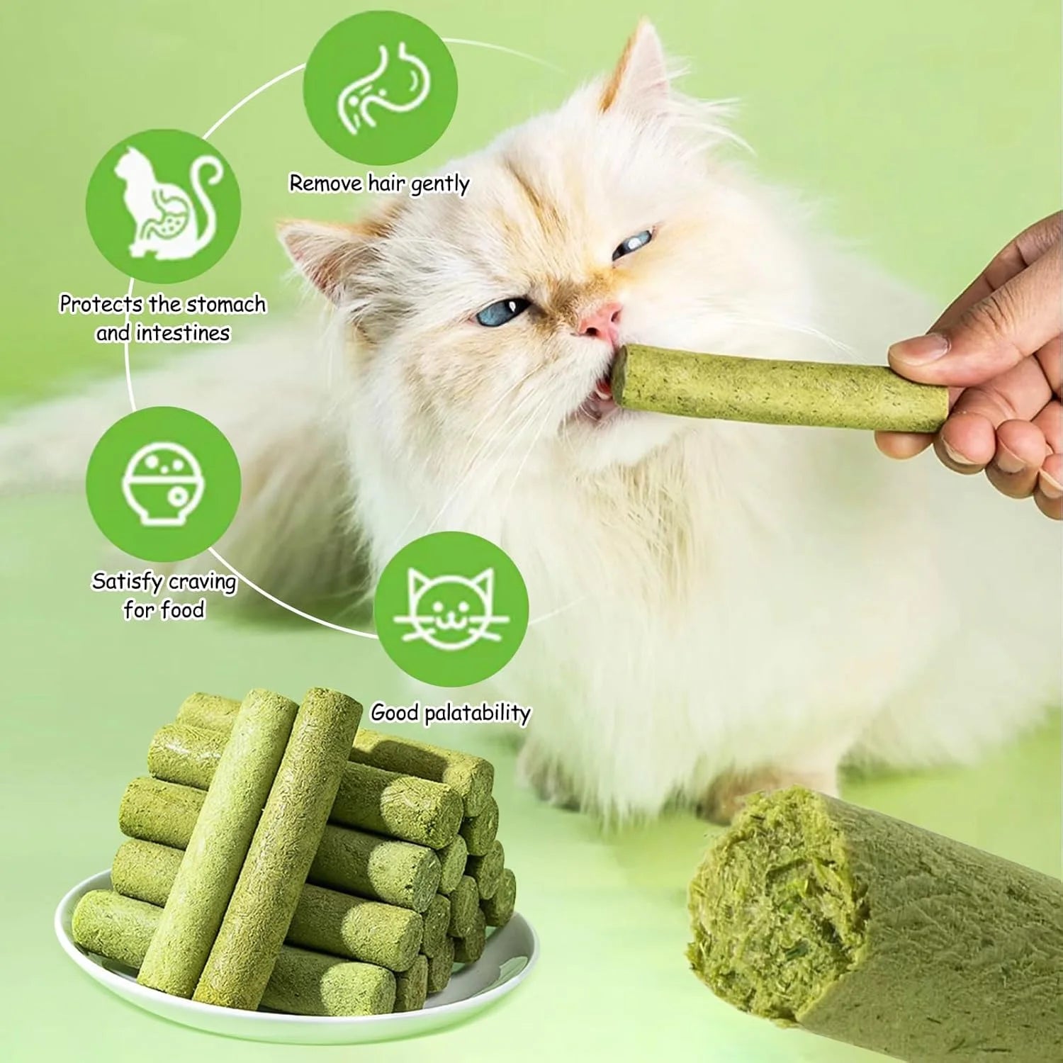Natural Cat Grass Teething Sticks - 50g Edible Treats for Dental Care & Hairball Relief