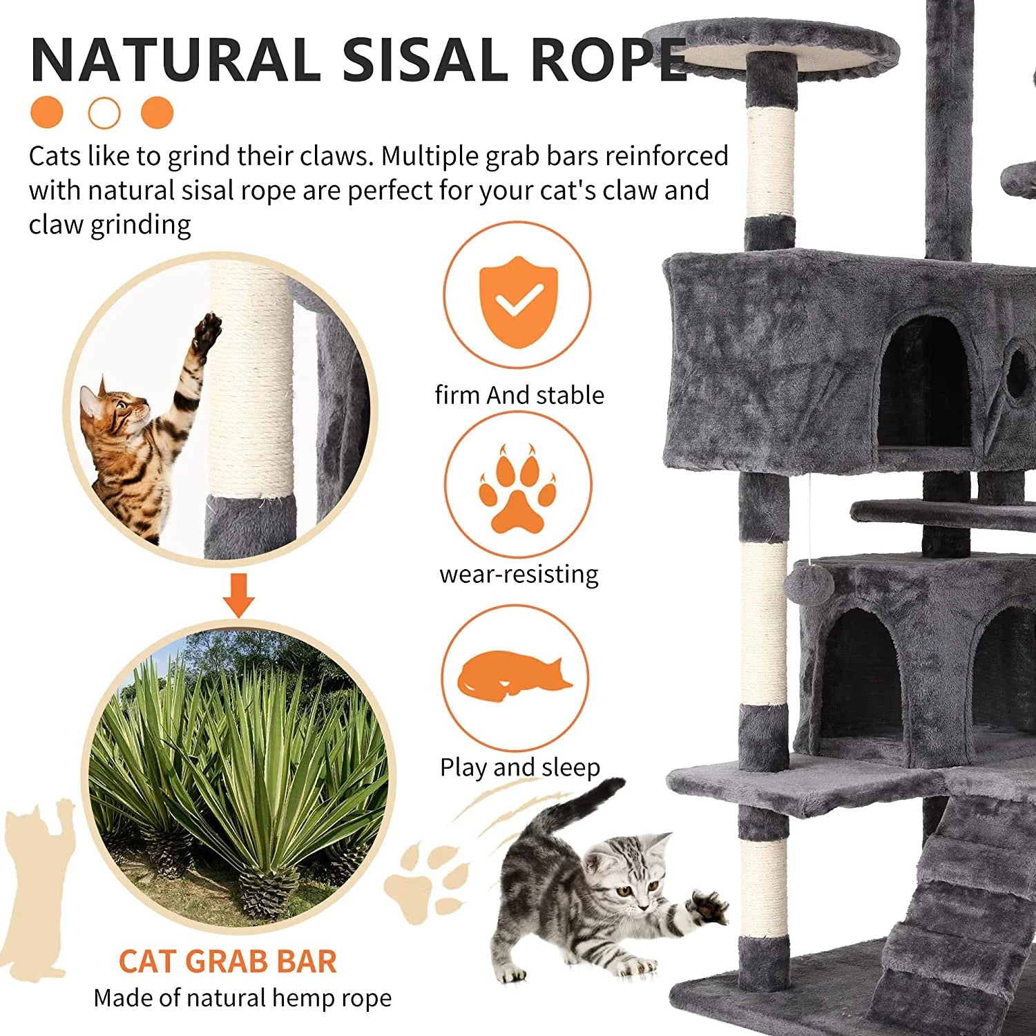 54" Multi-Level Cat Tree Tower with Condos, Scratching Posts & Toys – Light Gray