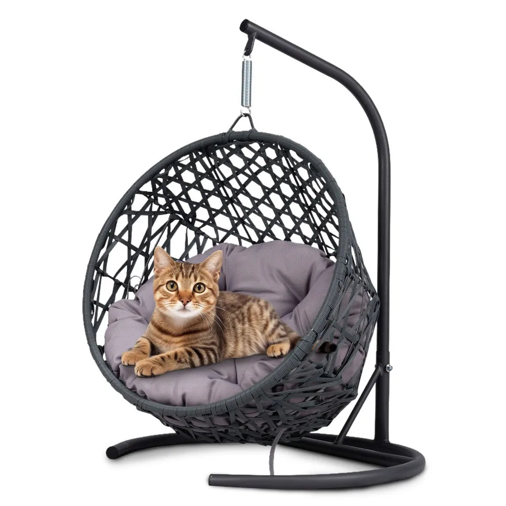 Cat Swing Bed with Stand and Cushion, Indoor Rattan Wicker Hanging Chair