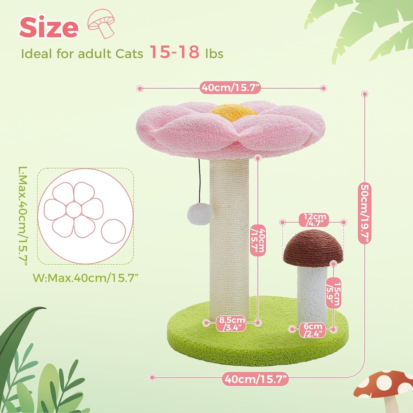 Mushroom & Flower Cat Scratching Post with Removable Bed – Cute Cat Tree Tower for Kittens & Indoor Cats