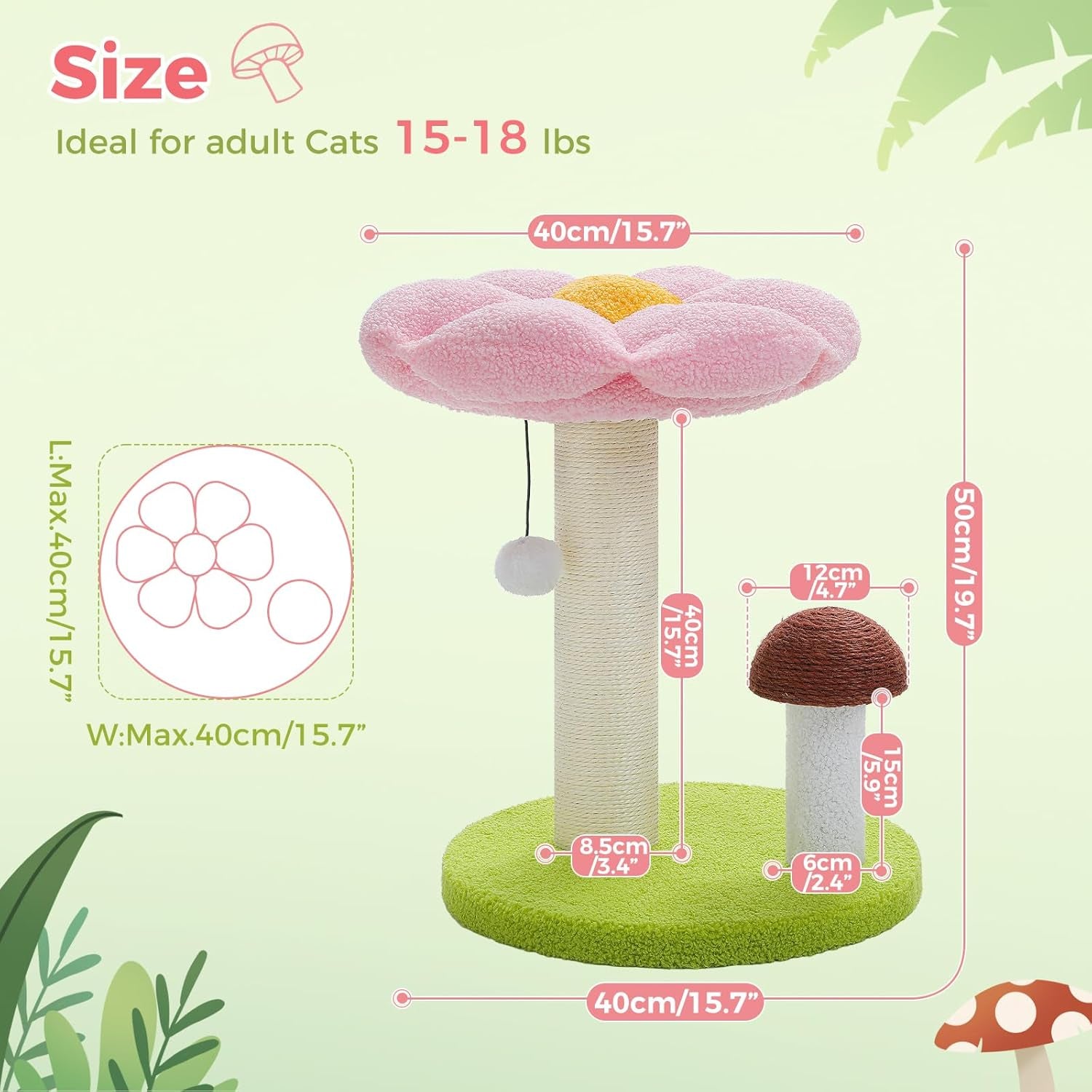 Mushroom & Flower Cat Scratching Post with Removable Bed – Cute Cat Tree Tower for Kittens & Indoor Cats