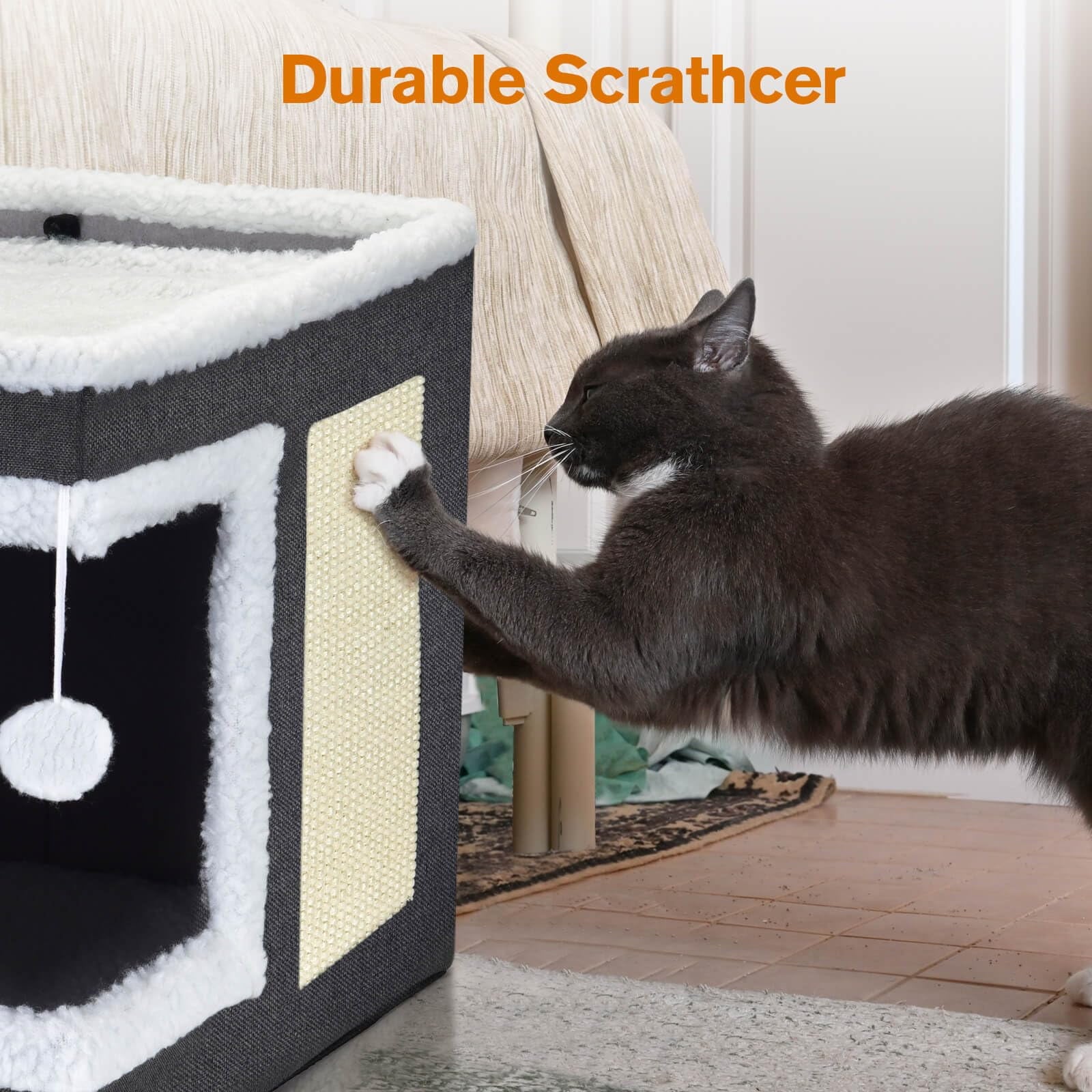Modern Covered Cat House with Scratch Pad – Cozy Hideaway Cube Bed for Indoor Cats & Kittens