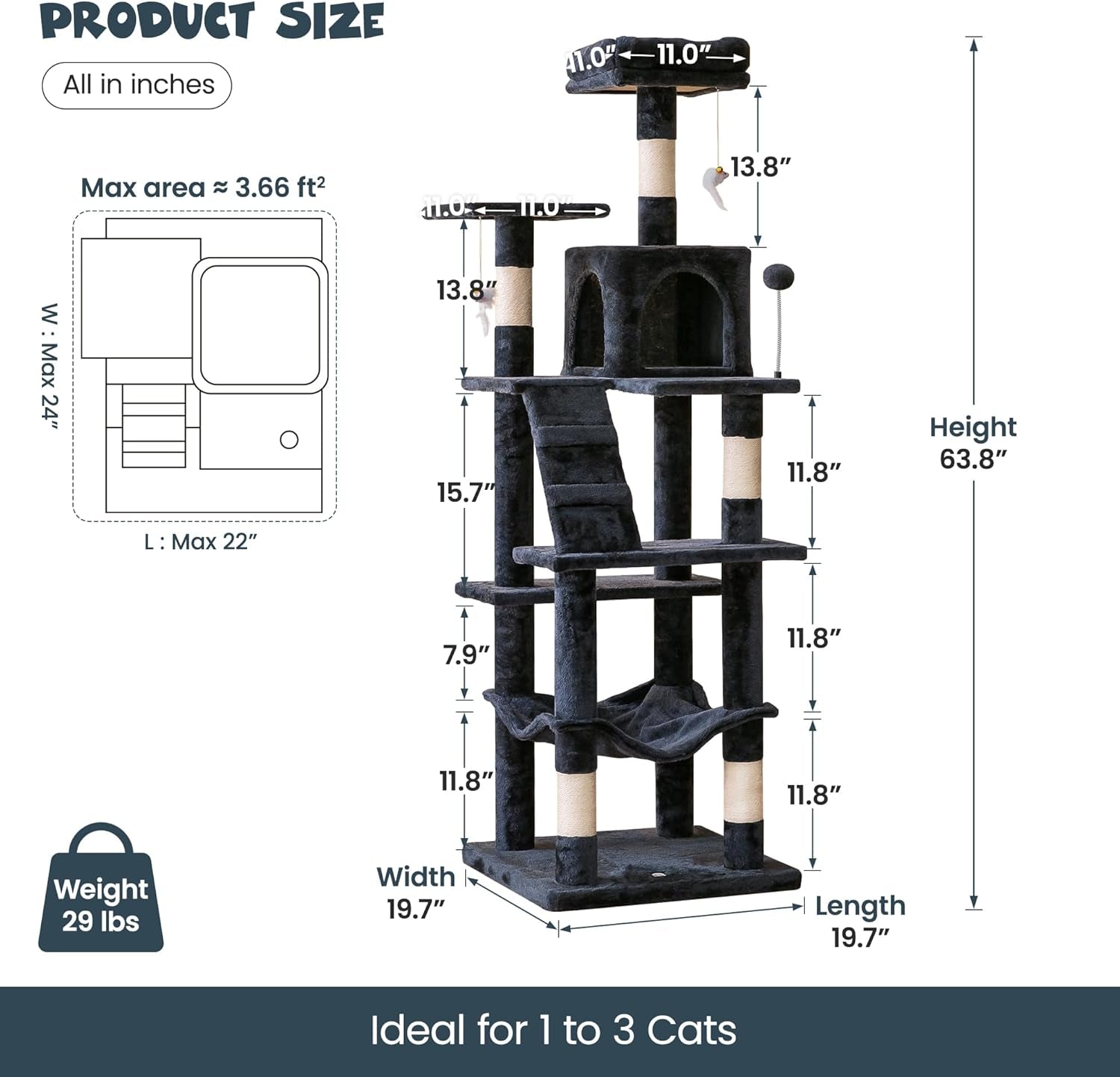 63.8-Inch Multi-Level Cat Tree Tower for your furry friend(s) – With Scratching Posts, Condo, Hammock & Perch (Smoky Gray)