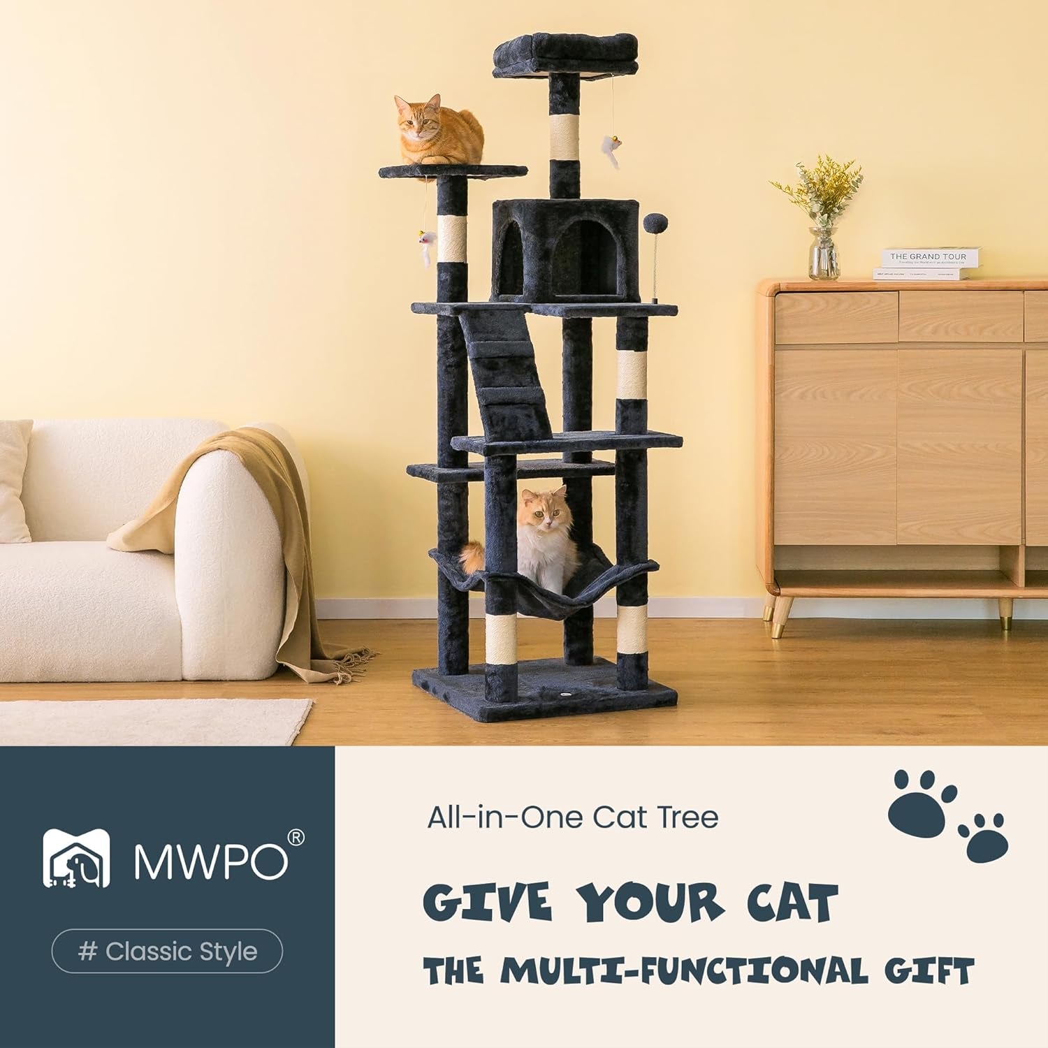 63.8-Inch Multi-Level Cat Tree Tower for your furry friend(s) – With Scratching Posts, Condo, Hammock & Perch (Smoky Gray)