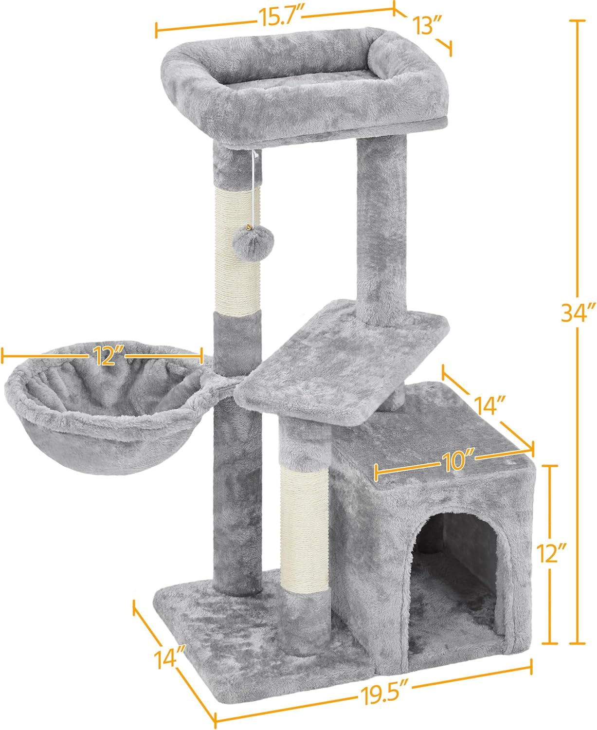 34" Multi-Level Cat Tree Tower with Condo, Basket, and Scratching Posts – Light Gray