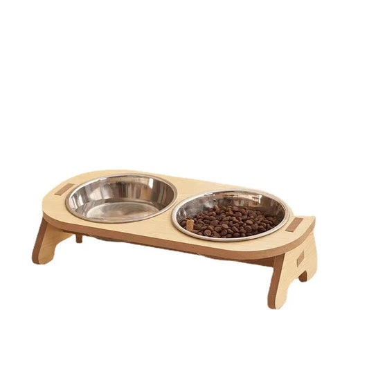 Double Plate Cat Bowl with Elevated Wooden Stand