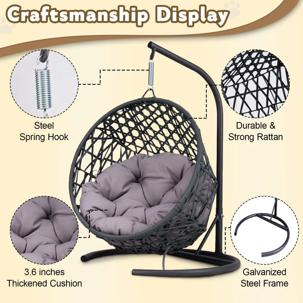 Cat Swing Bed with Stand and Cushion, Indoor Rattan Wicker Hanging Chair