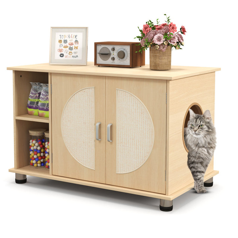 Cat Litter Box Enclosure with Sisal Scratching Doors & Adjustable Metal Feet