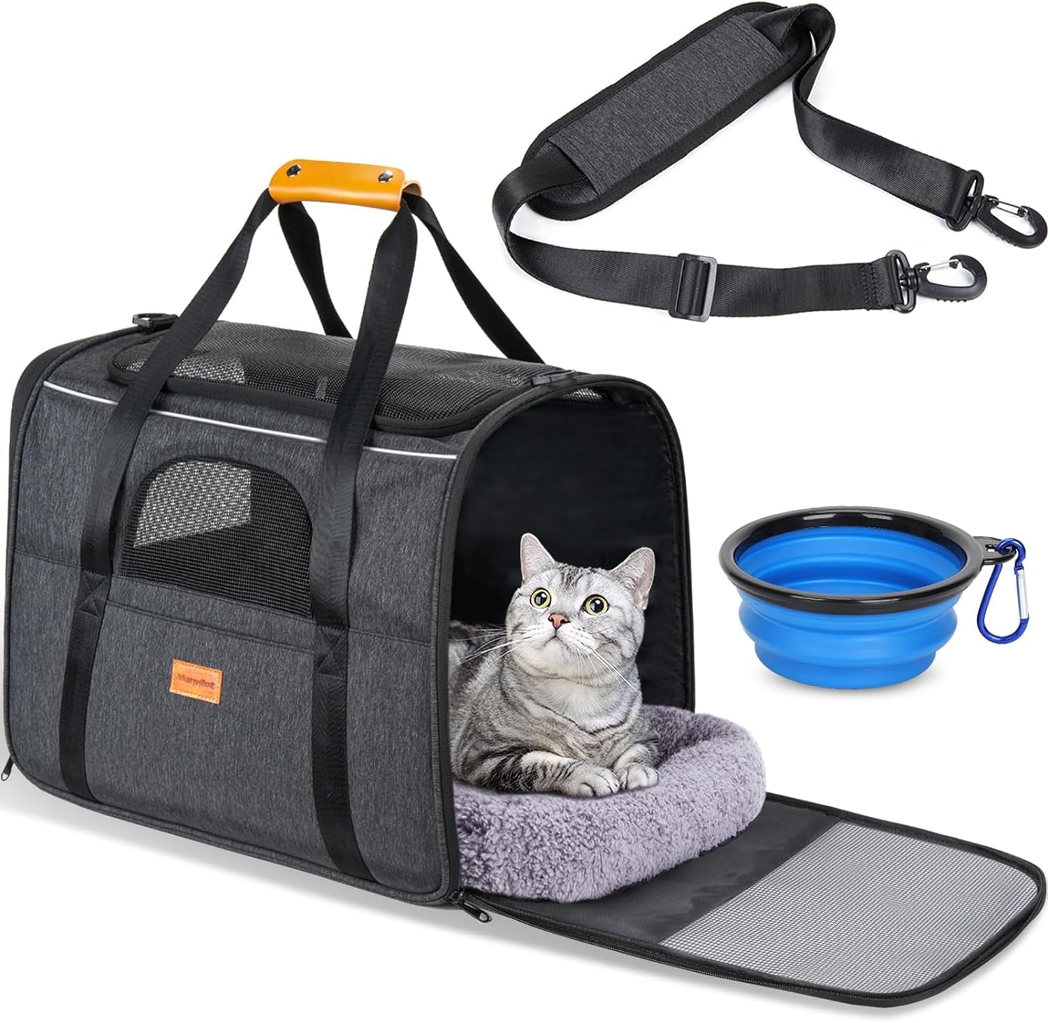 Premium Soft-Sided Cat Carrier for Large Cats- Airline Approved, Includes Foldable Bowl - Dark Gray