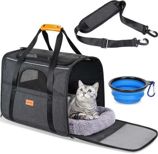 Premium Soft-Sided Cat Carrier for Large Cats- Airline Approved, Includes Foldable Bowl - Dark Gray