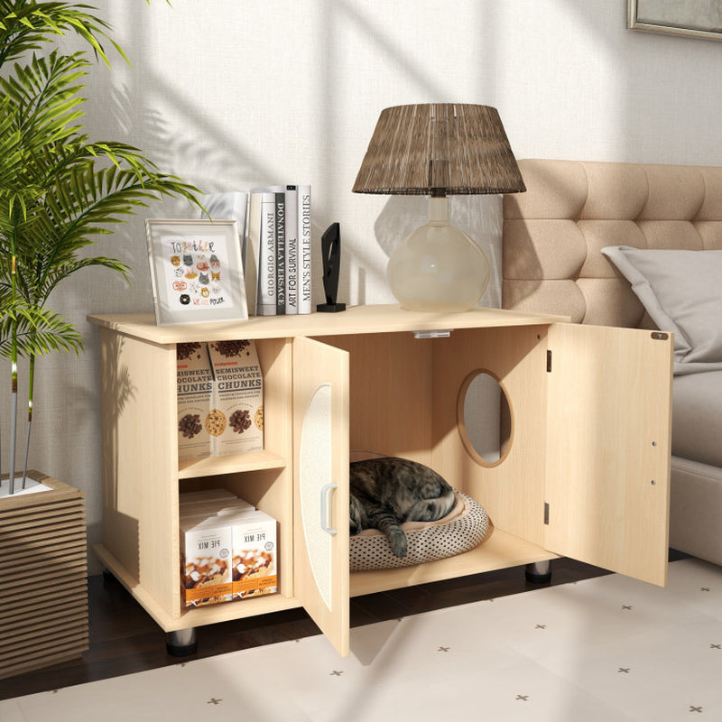 Cat Litter Box Enclosure with Sisal Scratching Doors & Adjustable Metal Feet