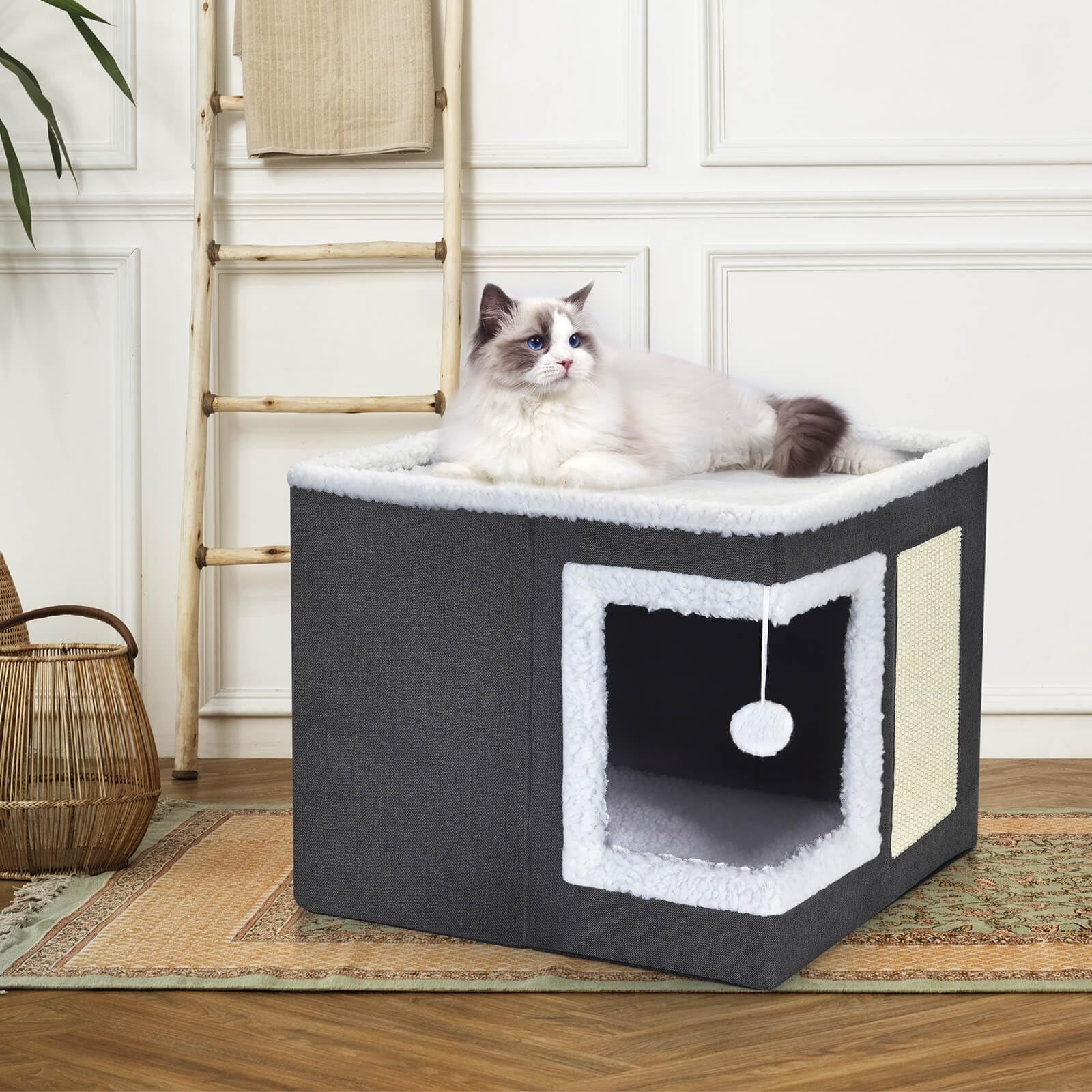 Modern Covered Cat House with Scratch Pad – Cozy Hideaway Cube Bed for Indoor Cats & Kittens