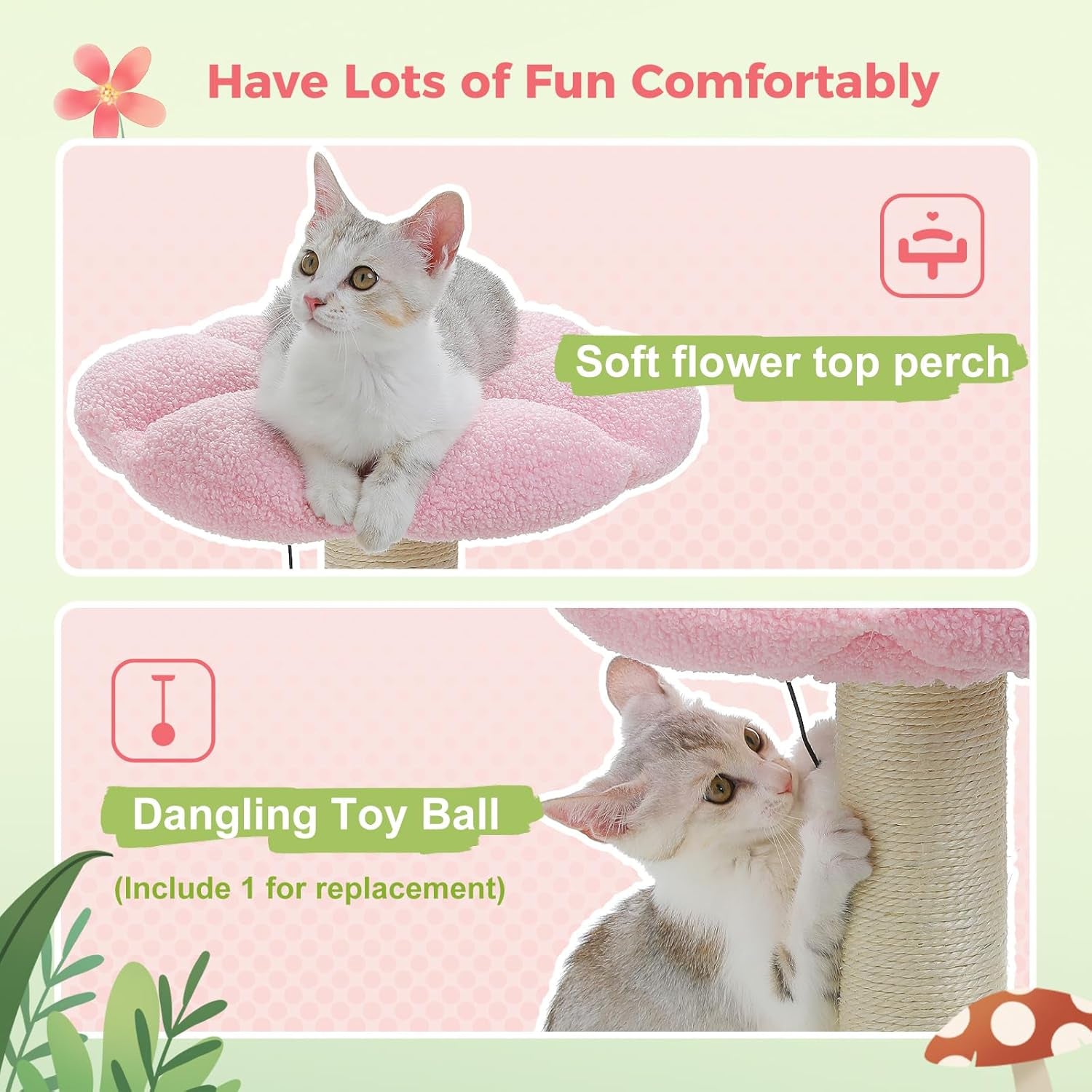 Mushroom & Flower Cat Scratching Post with Removable Bed – Cute Cat Tree Tower for Kittens & Indoor Cats