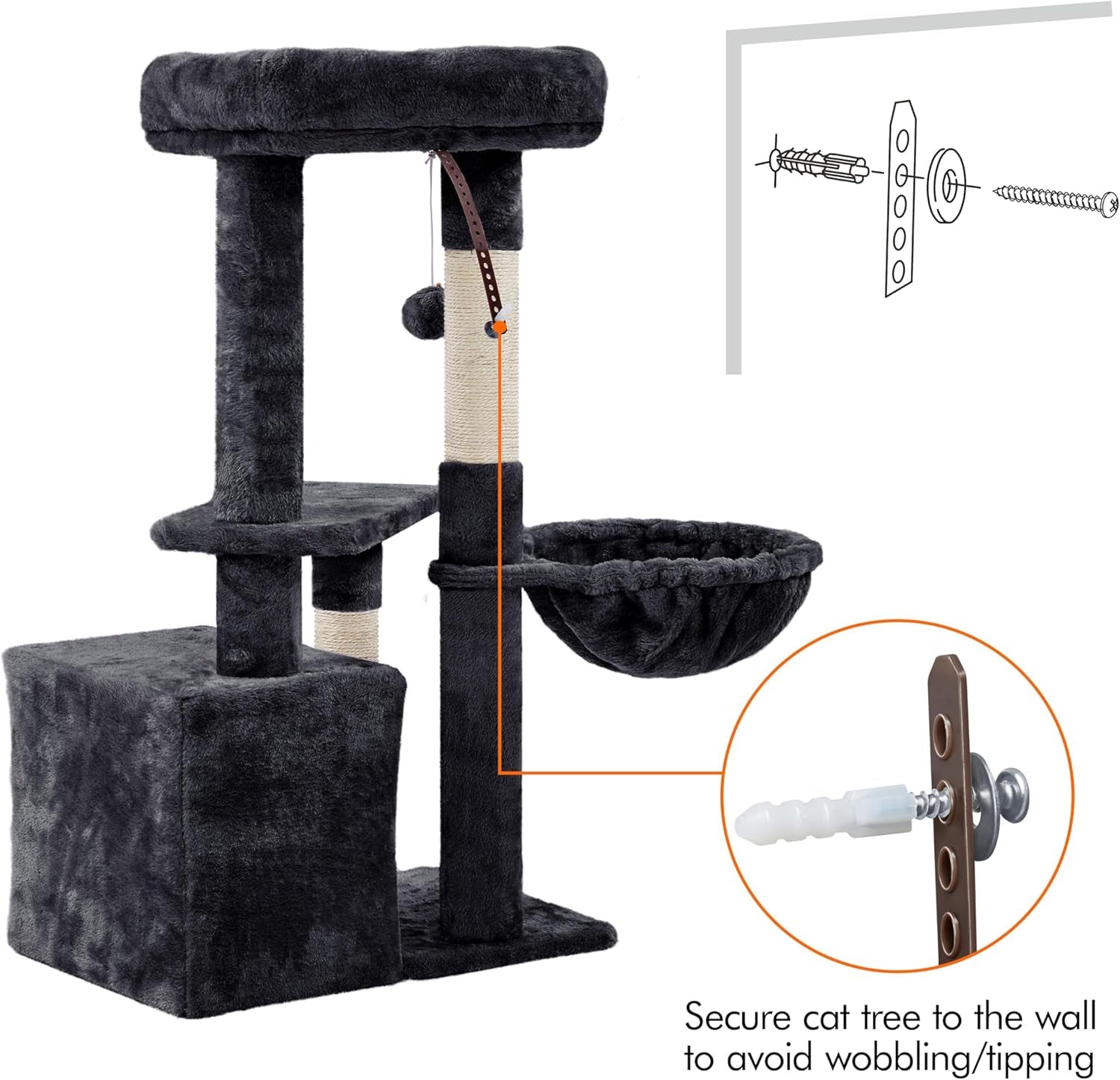 34" Modern Cat Tree Tower with Condo, Basket & Scratching Posts – Black