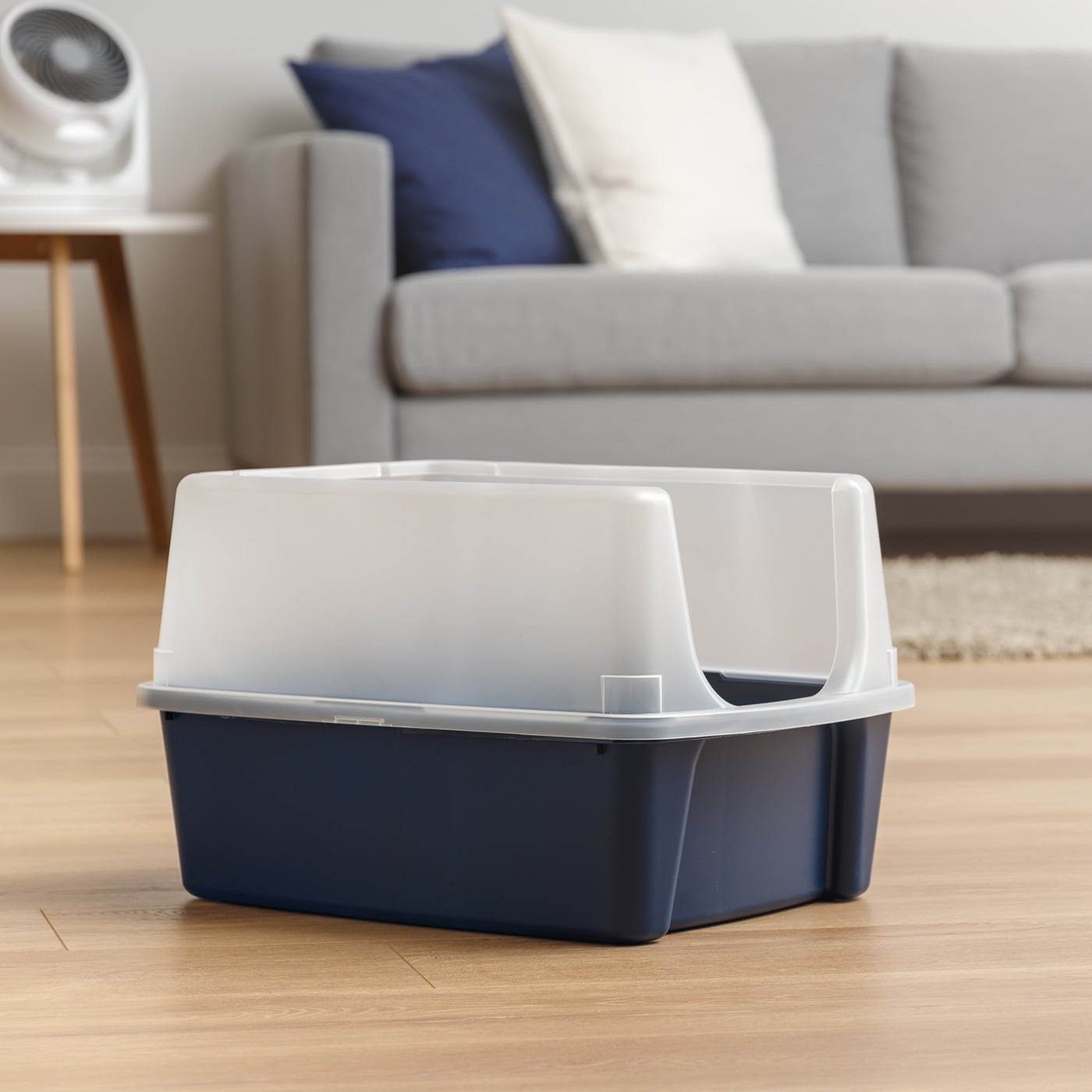 High-Sided Open-Top Cat Litter Box with Shield and Scoop – Navy