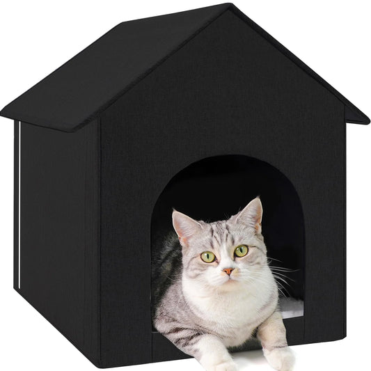 Waterproof Outdoor Cat House with Removable Cushion – 17" x 13" x 17" – All-Season Pet Shelter for Cats (Black)