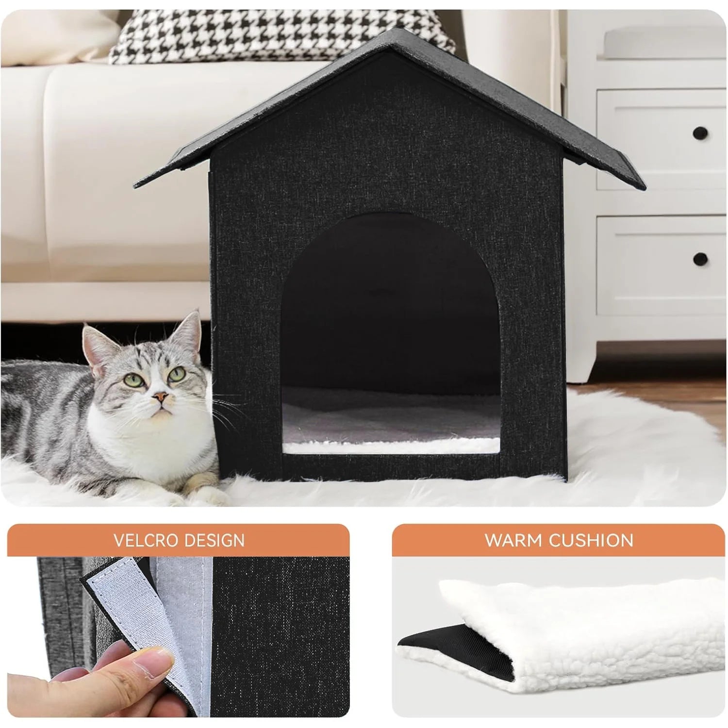 Waterproof Outdoor Cat House with Removable Cushion – 17" x 13" x 17" – All-Season Pet Shelter for Cats (Black)
