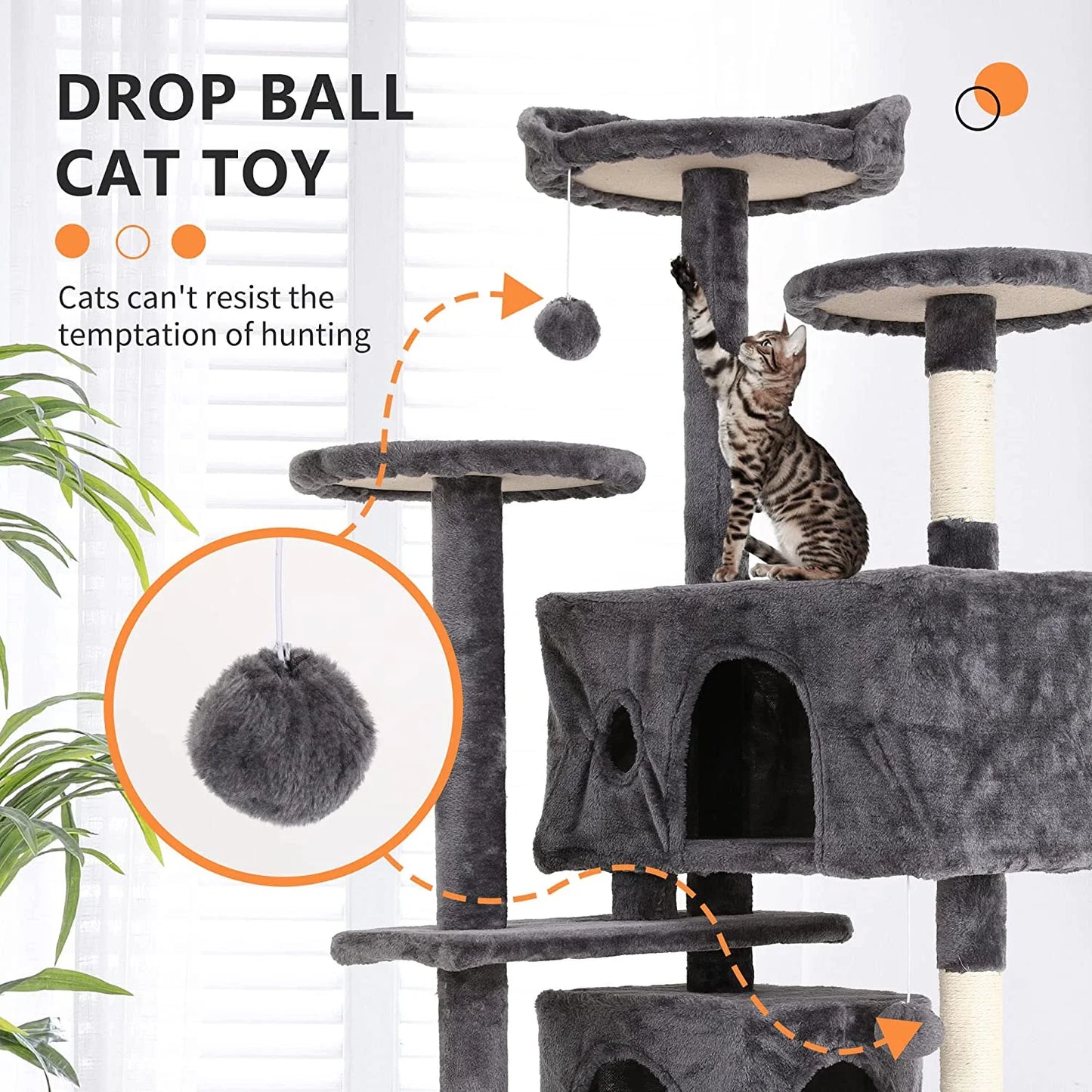 54" Multi-Level Cat Tree Tower with Condos, Scratching Posts & Toys – Light Gray