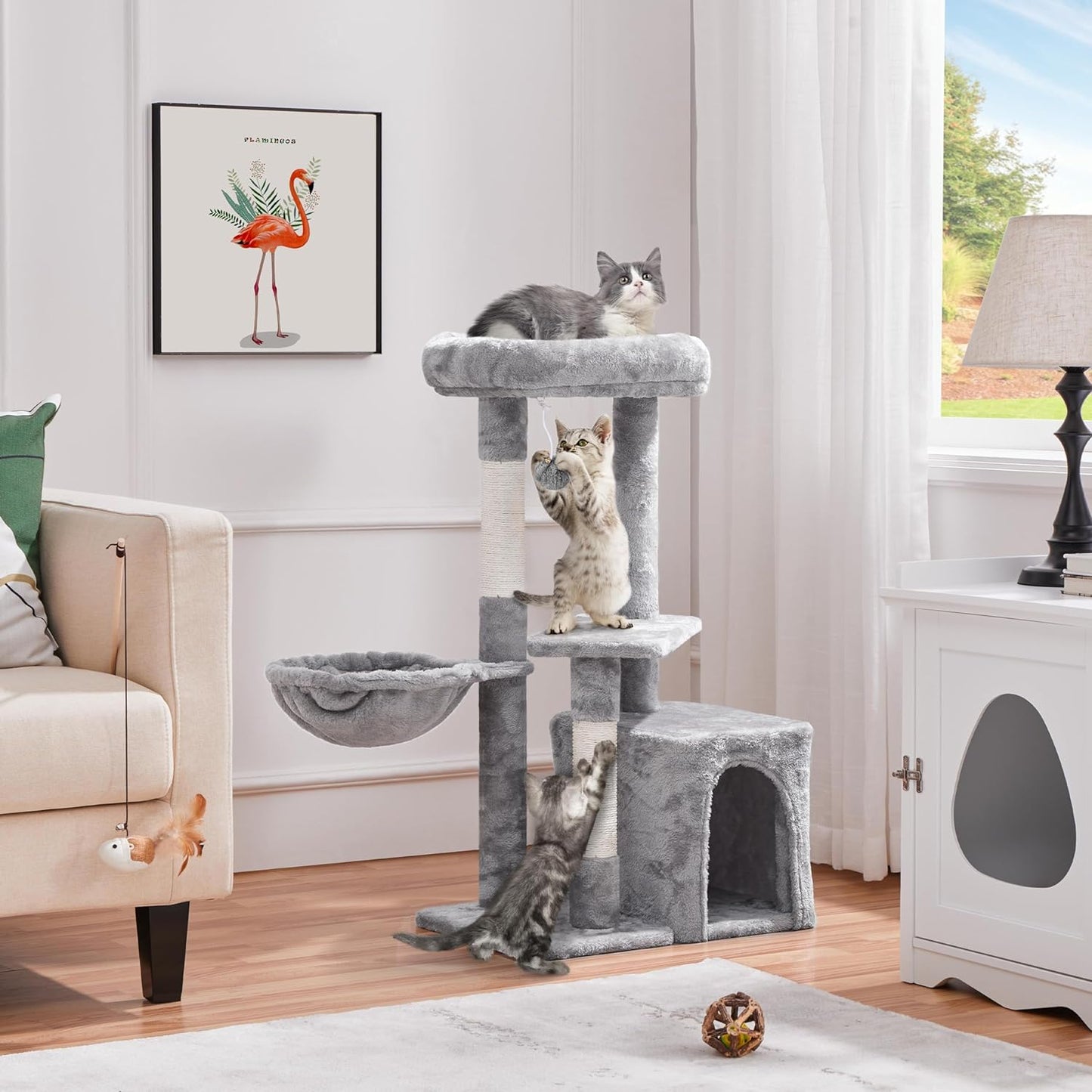34" Multi-Level Cat Tree Tower with Condo, Basket, and Scratching Posts – Light Gray