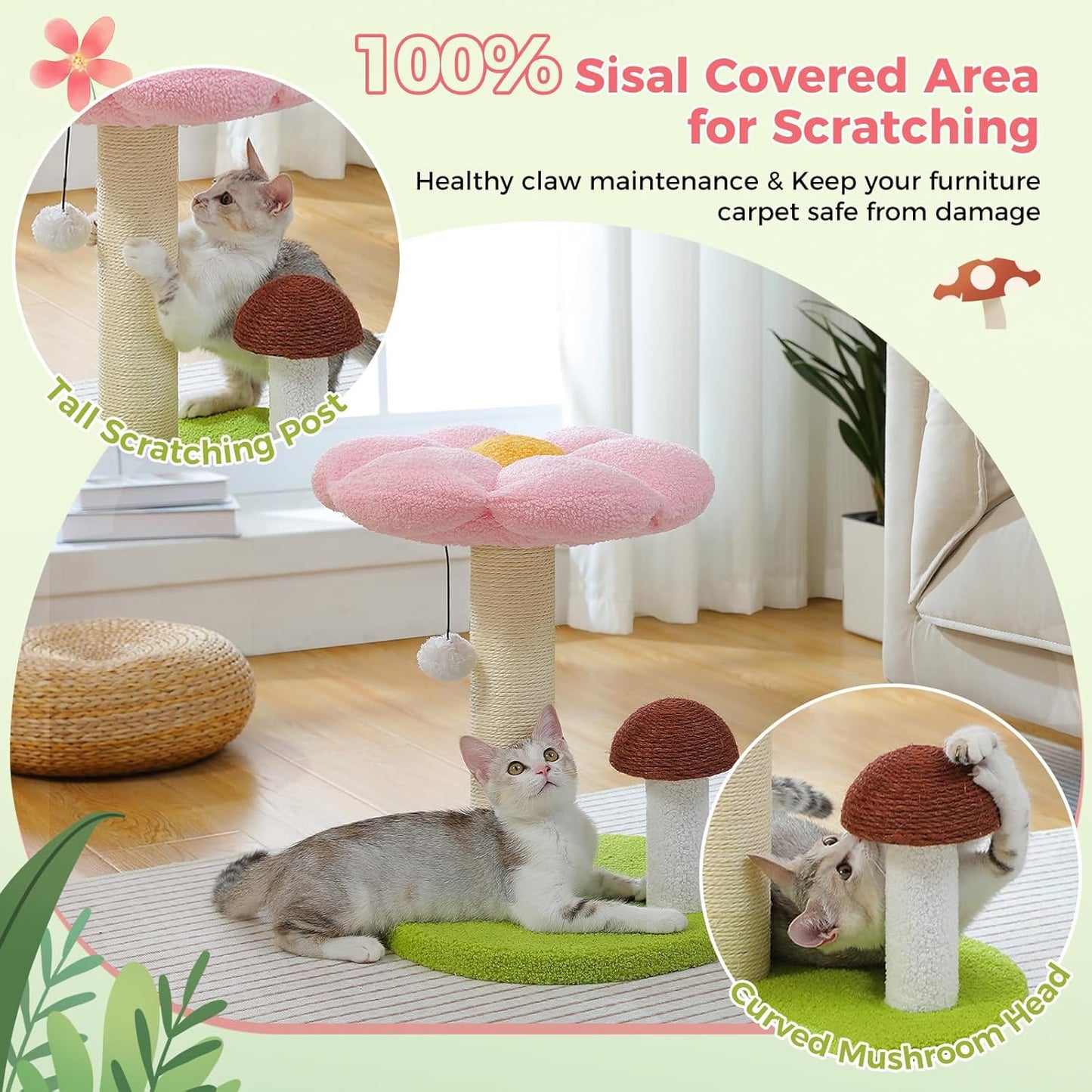 Mushroom & Flower Cat Scratching Post with Removable Bed – Cute Cat Tree Tower for Kittens & Indoor Cats