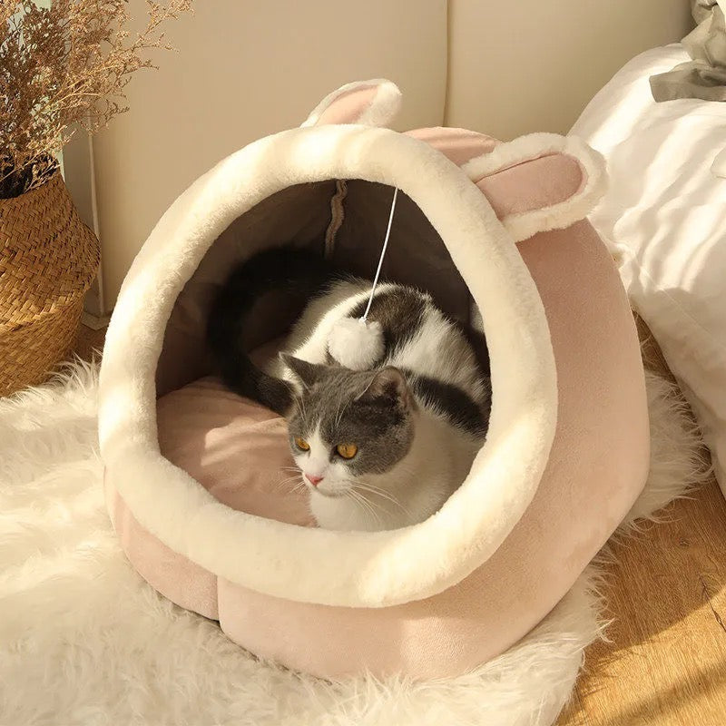 Cozy Cat Bed Cave – Soft Cotton Tent House with Removable Double-Sided Cushion