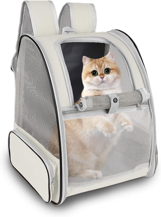 Airline Approved Cat Backpack Carrier - Ventilated Design, Perfect for Hiking & Travel (Creamy White)