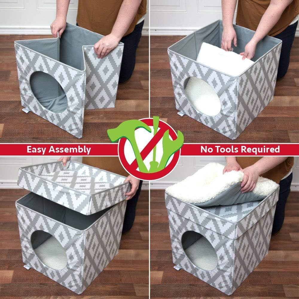 Foldable Indoor Cat Cube House with Cushion & Fleece Mat – White