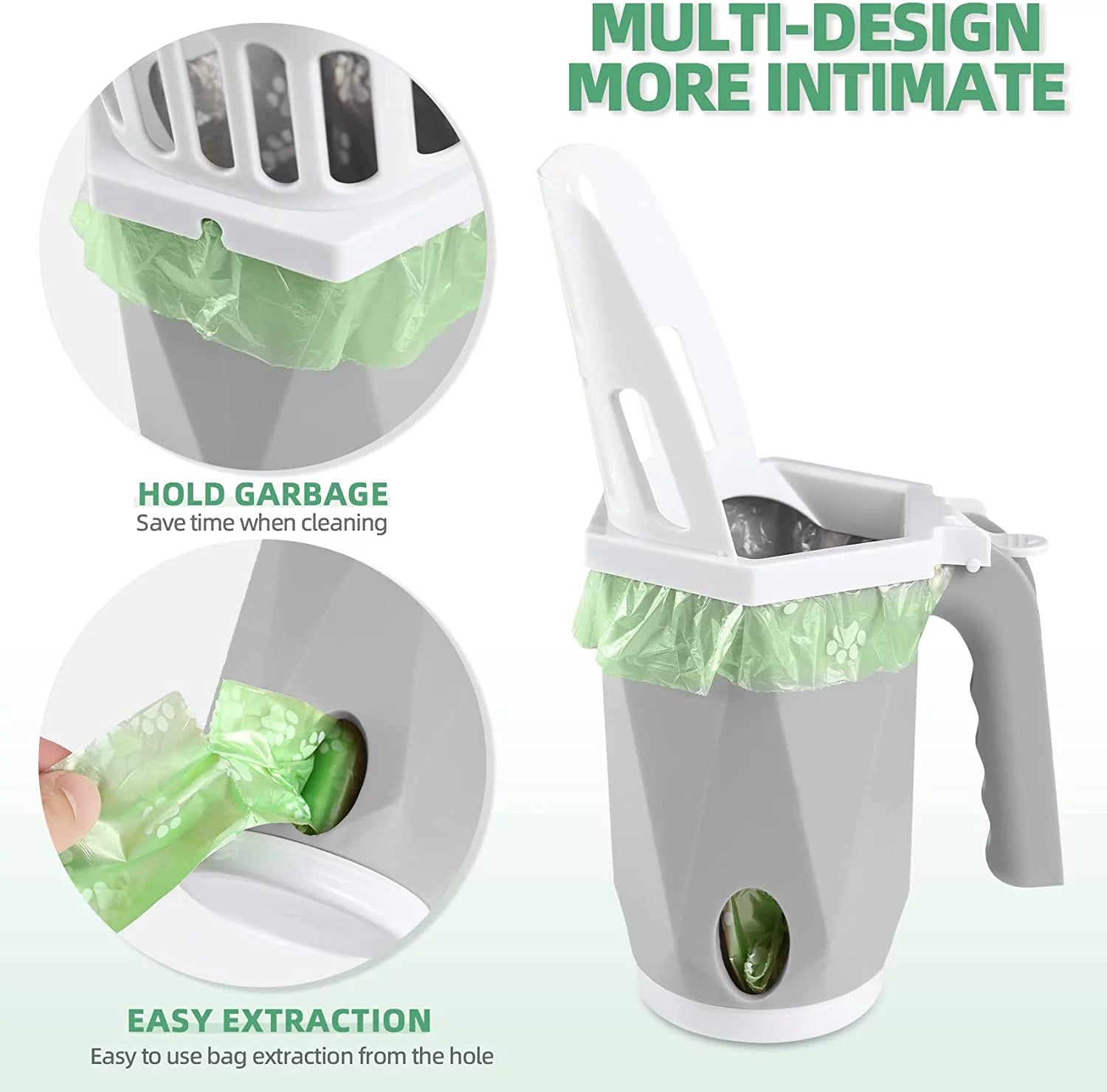 3-in-1 Cat Litter Scoop with Holder – Large Portable Scooper with 200 Refill Bags (Gray)