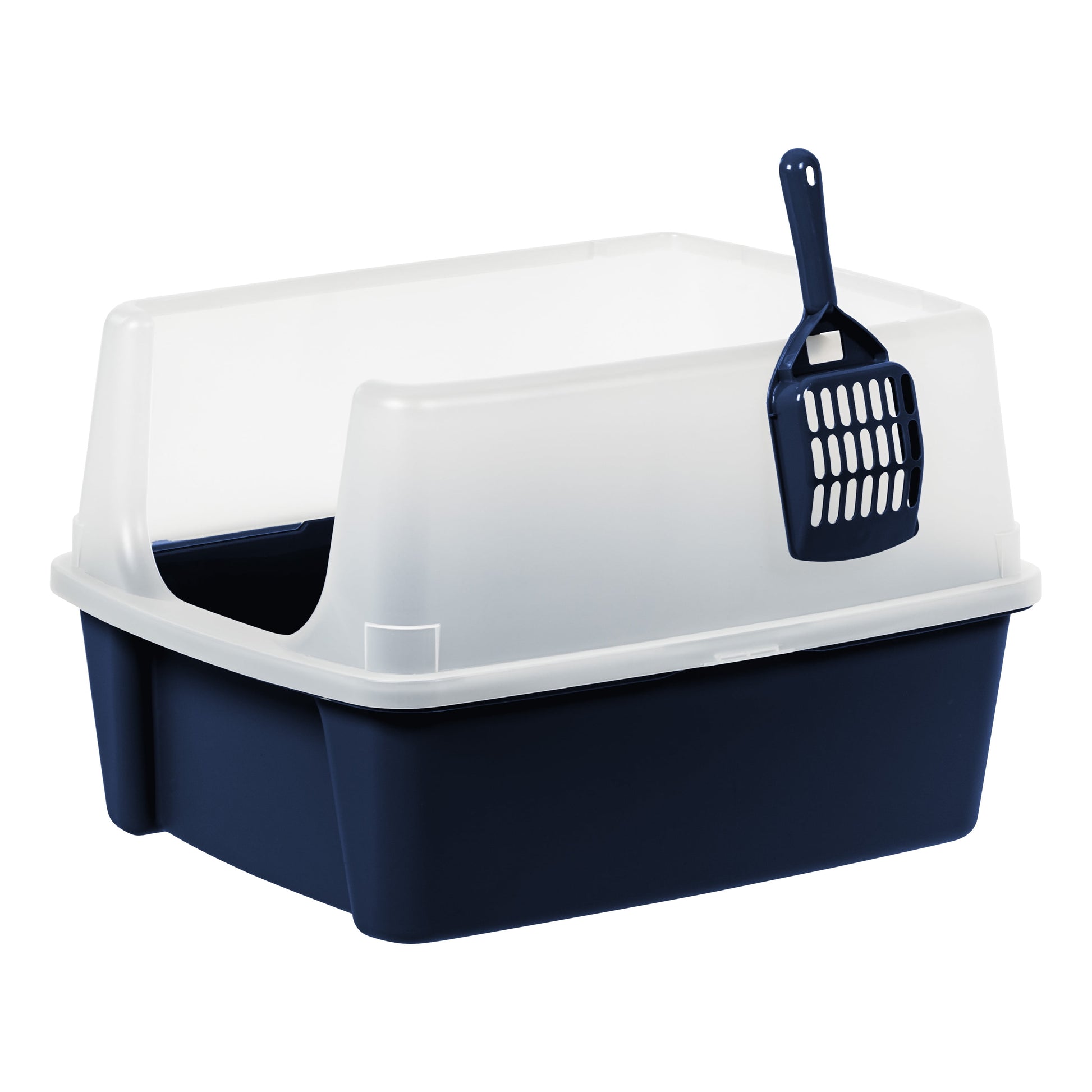 High-Sided Open-Top Cat Litter Box with Shield and Scoop – Navy