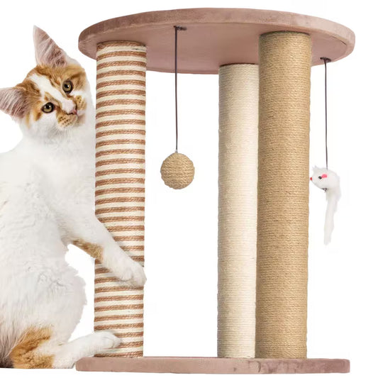Tan and Cream 3-Pole Cat Scratching Post with Perch