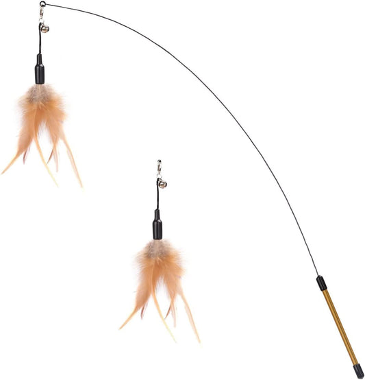 Feather Teaser Cat Toy – Interactive Wand with Natural Brown Feather and Small Bell