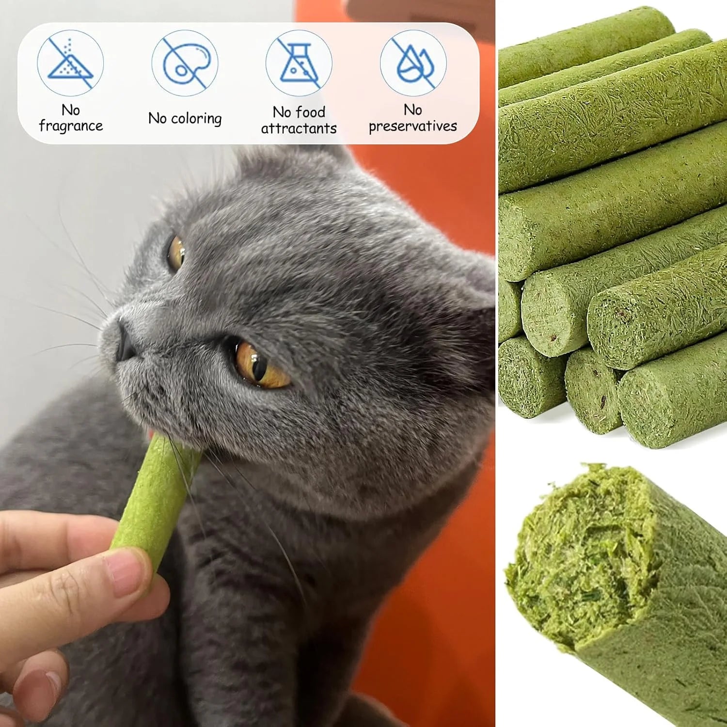 Natural Cat Grass Teething Sticks - 50g Edible Treats for Dental Care & Hairball Relief